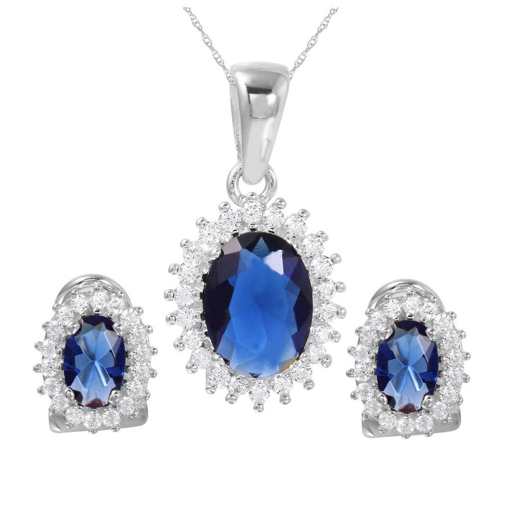 .925 Sterling Silver Rhodium Plated Radial Burst Blue Cz Set