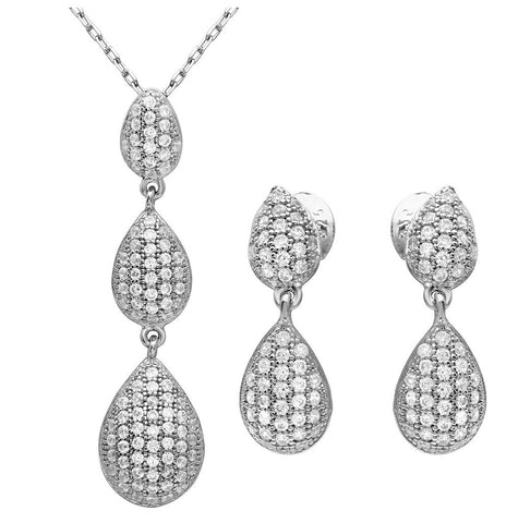 .925 Sterling Silver Rhodium Plated Cz Encrusted Teardrop Set