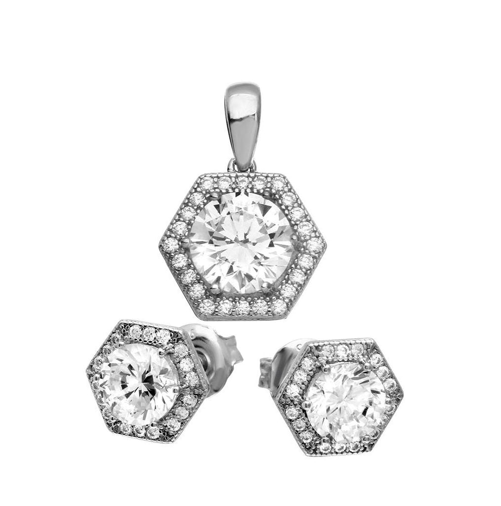 .925 Sterling Silver Rhodium Plated 6 Sized Halo Pendant And Earrings Set