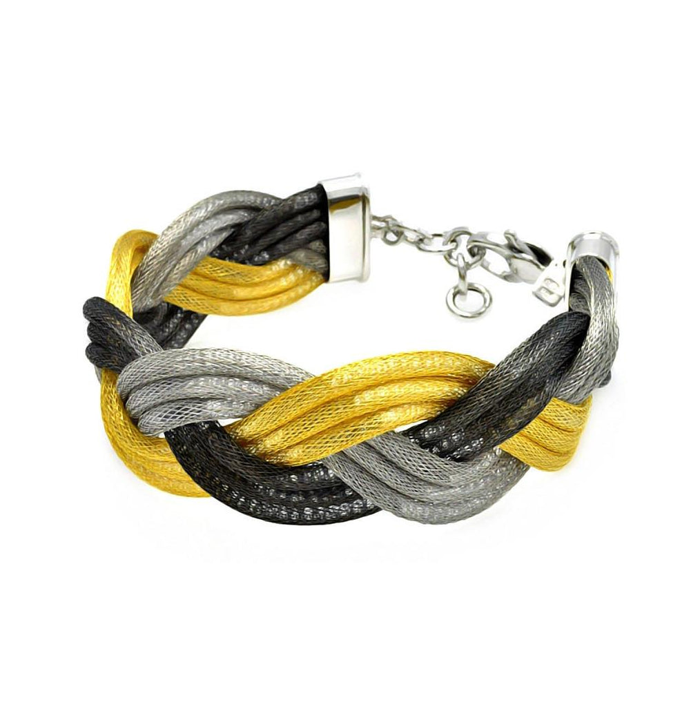 .925 Sterling Silver Black, Gold & Rhodium Plated Italian Braided Bracelet