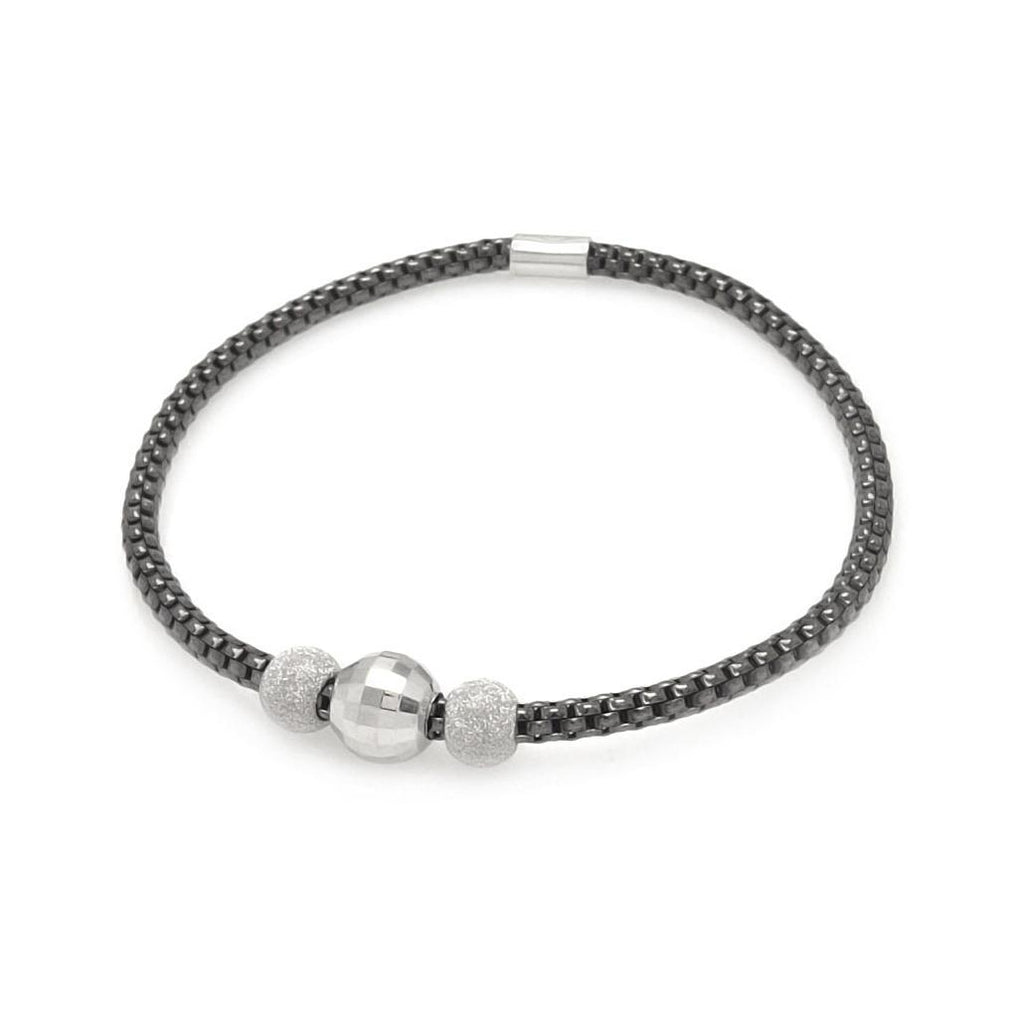 .925 Sterling Silver Black & Rhodium Plated Italian Three Bead Waive Bracelet