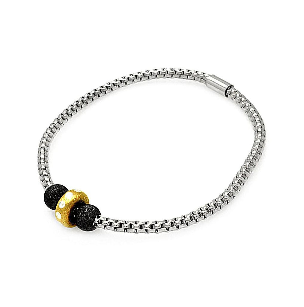 .925 Sterling Silver Gold & Rhodium Plated Italian Two Black Beads Bracelet