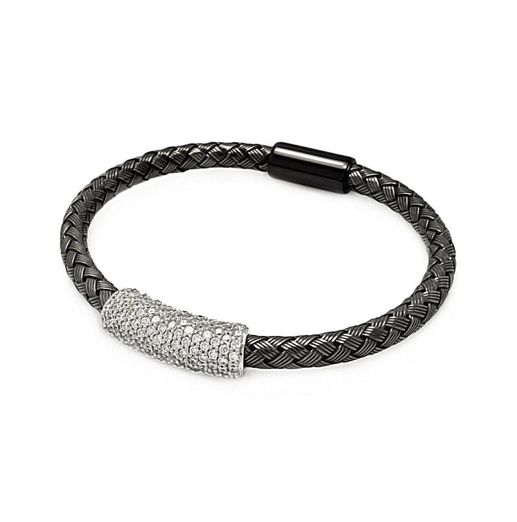 .925 Sterling Silver Rhodium & Black Rhodium Plated Clear Cz Bar Braided Italian Bracelet