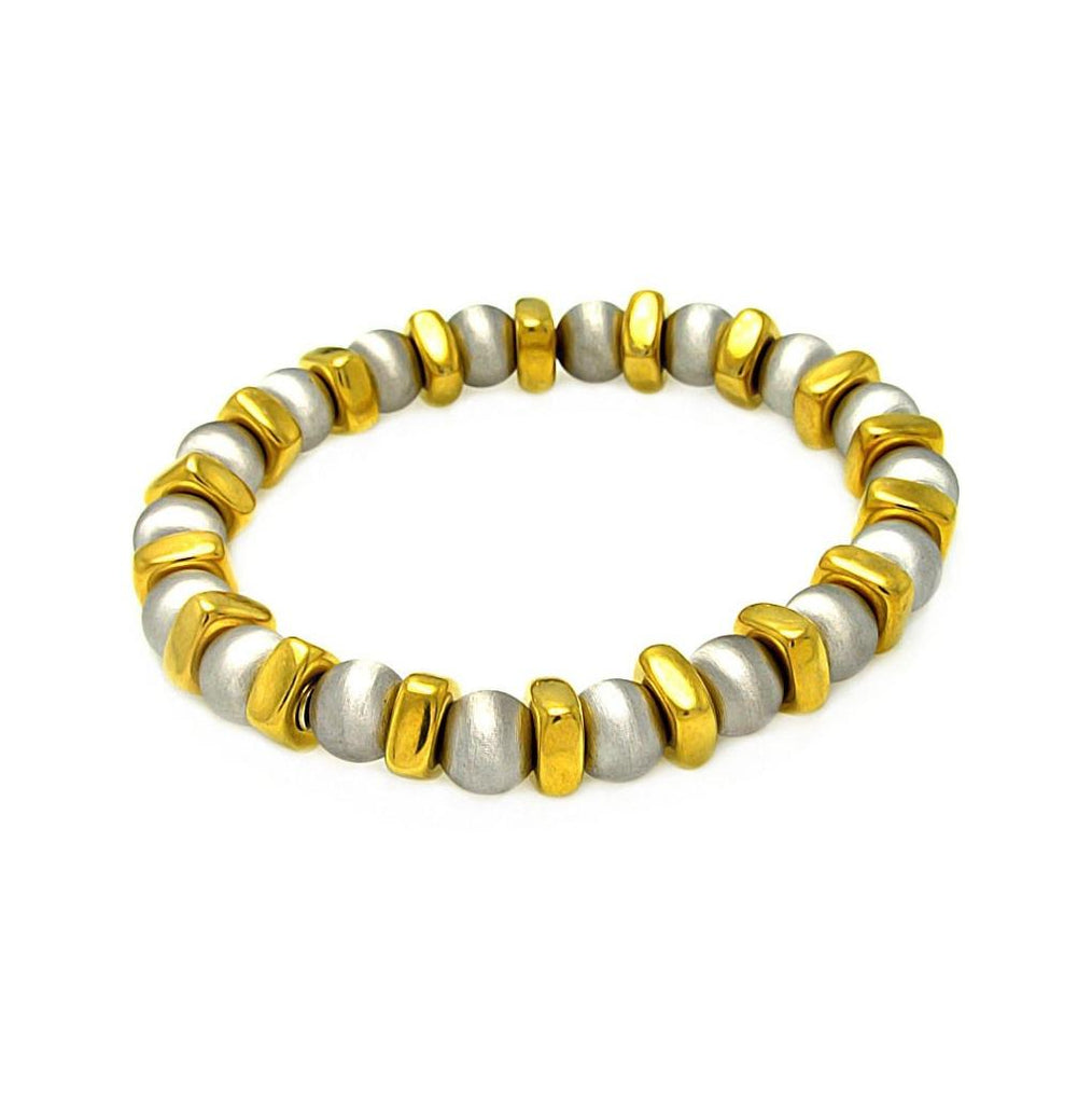 .925 Sterling Silver Rhodium & Gold Plated Stretchable Bar & Bead Italian Bracelet