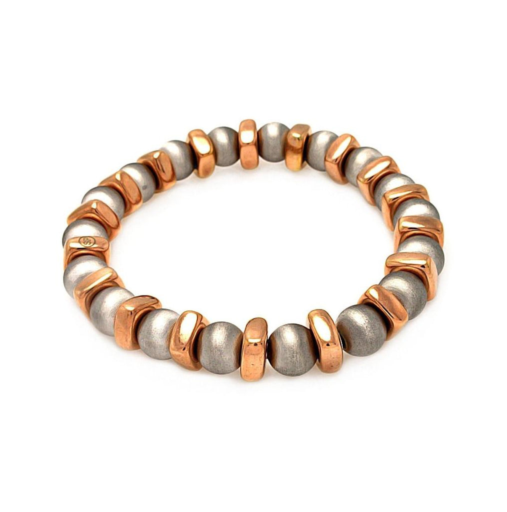 .925 Sterling Silver Rhodium & Rose Gold Plated Stretchable Bar & Bead Italian Bracelet