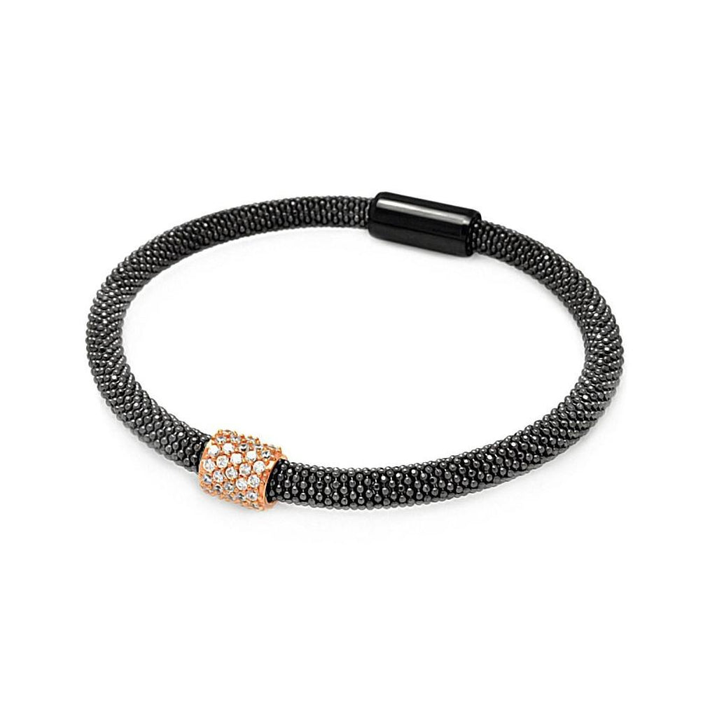 .925 Sterling Silver Black Rhodium & Rose Gold Plated Bar Clear Cz Beaded Italian Bracelet