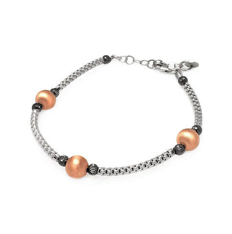 .925 Sterling Silver Rhodium & Rose Gold Plated Bead Strand Italian Bracelet