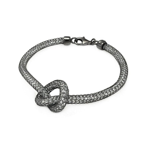 .925 Sterling Silver Black Rhodium Plated Knot Center Mesh Clear Cz Italian Bracelet