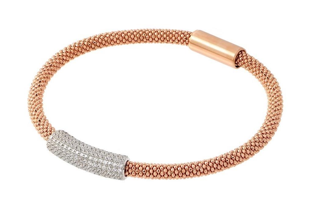 .925 Sterling Silver Rose Gold & Rhodium Plated Bar Micro Pave Clear Cz Italian Bracelet