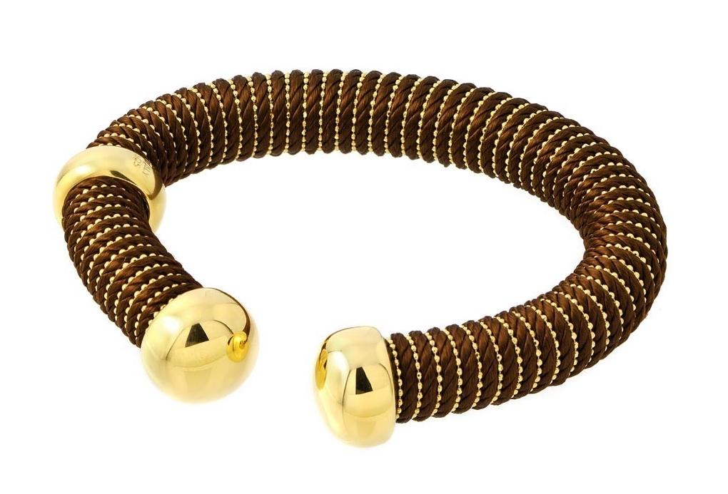 .925 Sterling Silver Gold Plated Open Brown Silk Cord Italian Bracelet