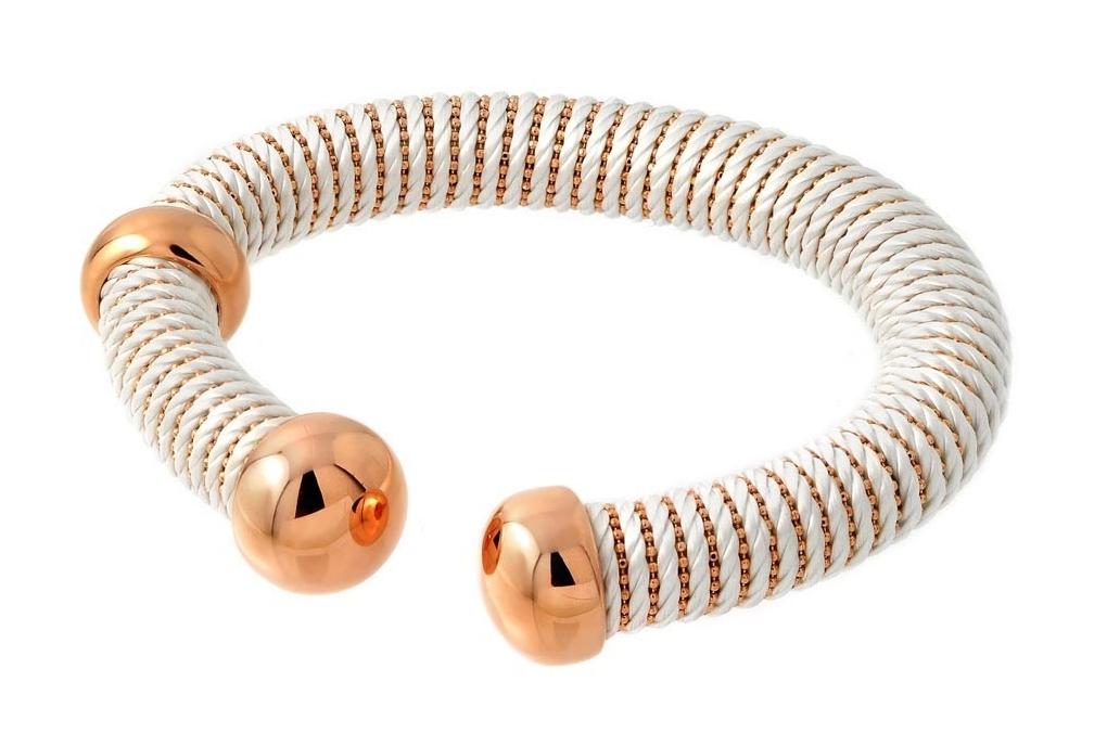 .925 Sterling Silver Rose Gold Plated Open White Silk Cord Italian Bracelet