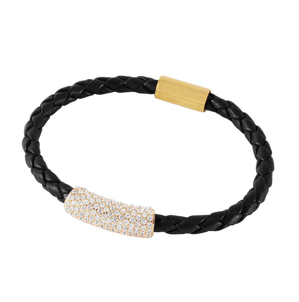 .925 Sterling Silver Gold Plated Cz Bar Italian Leather Bracelet