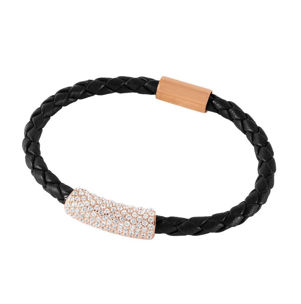 .925 Sterling Silver Rose Gold Plated Cz Bar Italian Leather Bracelet