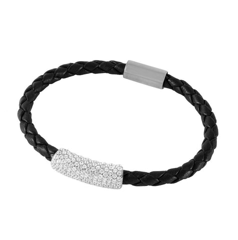 .925 Sterling Silver Rhodium Plated Cz Bar Italian Leather Bracelet