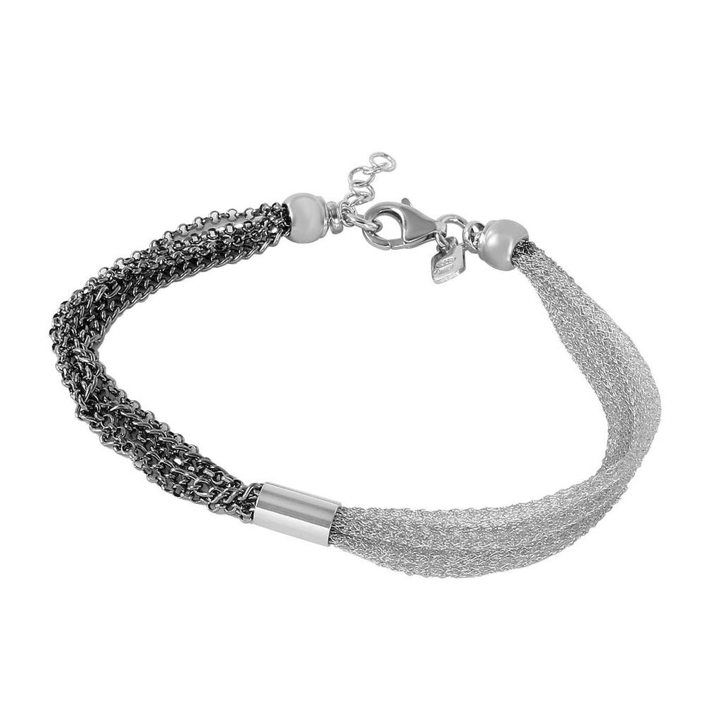 .925 Sterling Silver Rhodium Plated Mesh With Black Rhodium Plated Chain Italian Bracelet