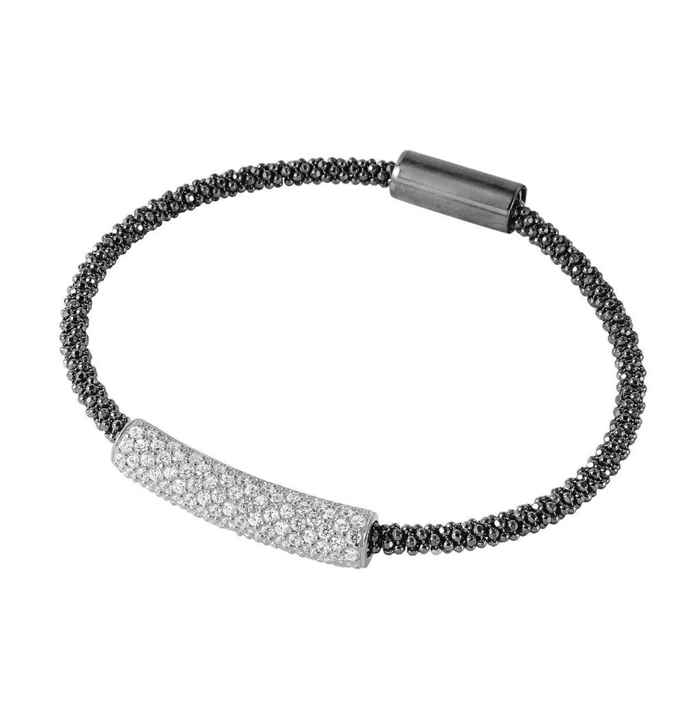 .925 Sterling Silver Black Rhodium Plated Cz Bar Italian Bracelet