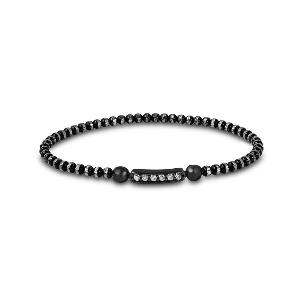 .925 Sterling Silver Black Rhodium Diamond Cut Bead Italian Bracelet With Cz Bar