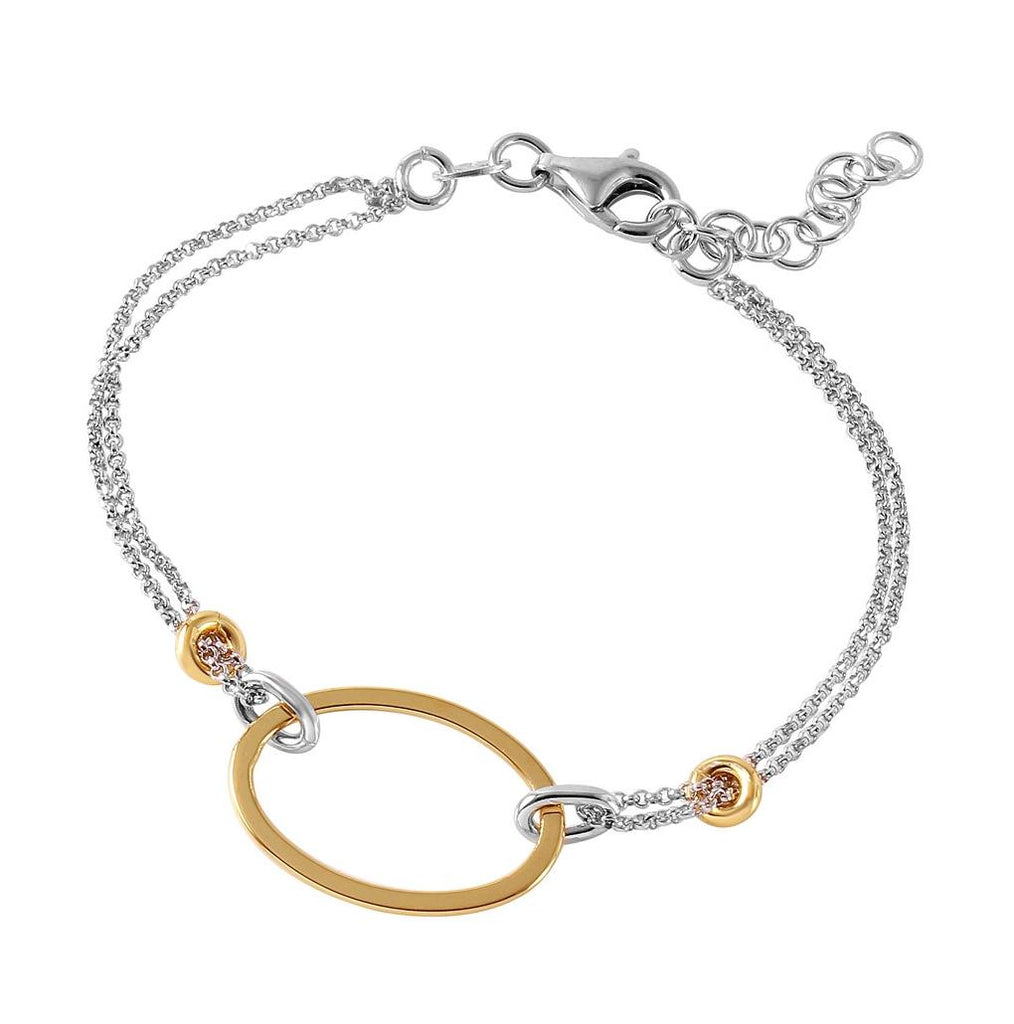 .925 Sterling Silver Rhodium Plated Italian Bracelet With Small Gold Plated Oval Accents