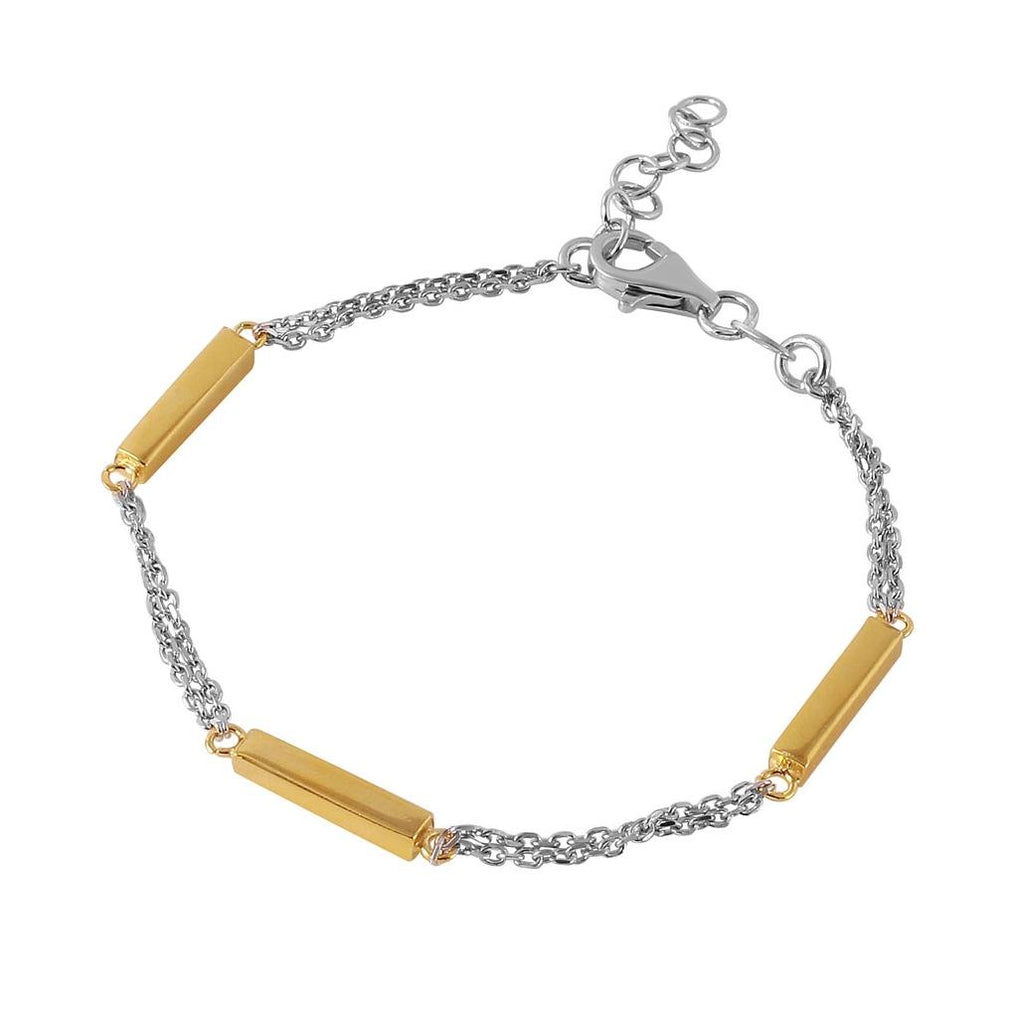 .925 Sterling Silver Rhodium Plated Chain With 3 Gold Plated Bars Italian Bracelet