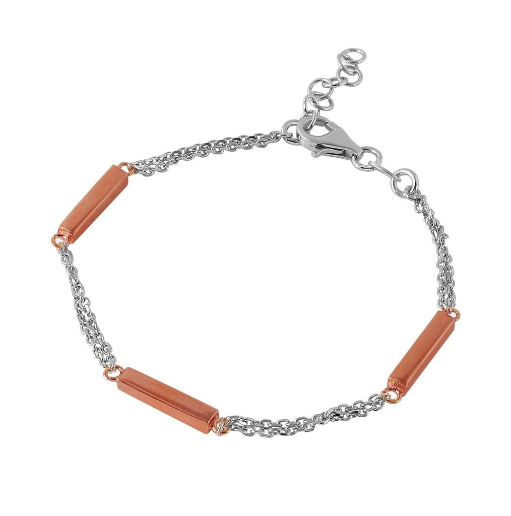 .925 Sterling Silver Rhodium Plated Chain With 3 Rose Gold Plated Bars Italian Bracelet