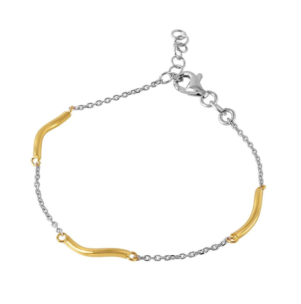 .925 Sterling Silver Rhodium Plated Chain With Gold Plated Curved Accents Italian Bracelet