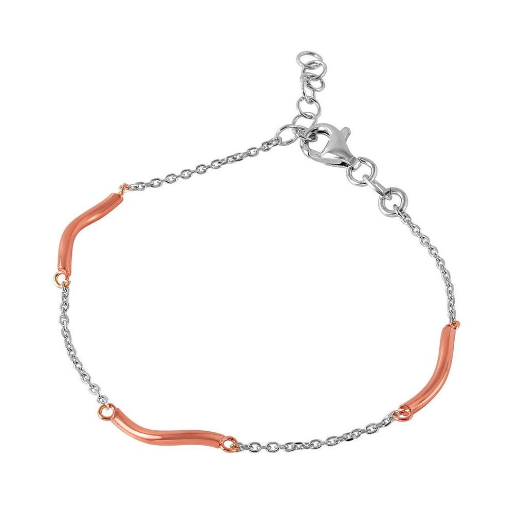 .925 Sterling Silver Rhodium Plated Chain With Rose Gold Plated Curved Accents Italian Bracelet