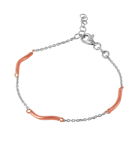 .925 Sterling Silver Rhodium Plated Chain With Rose Gold Plated Curved Accents Italian Bracelet