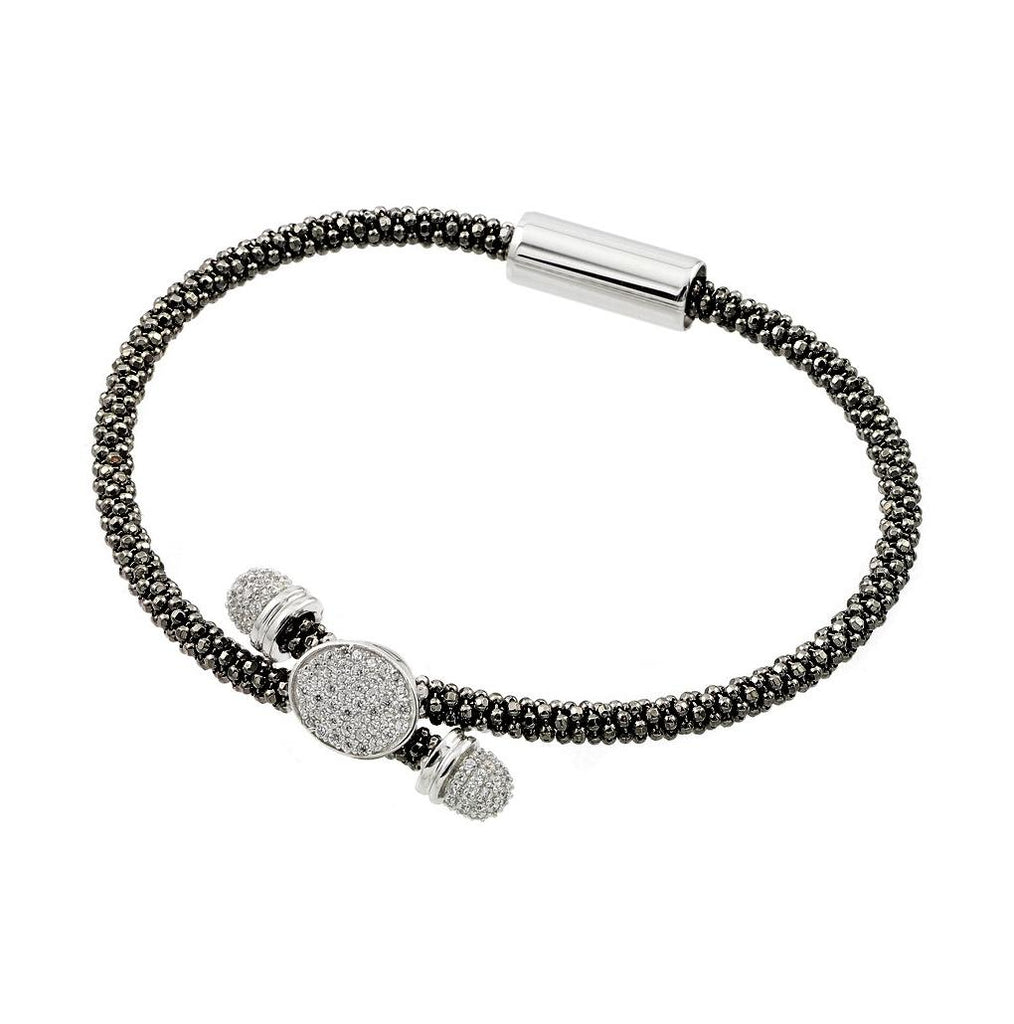 .925 Sterling Silver Rhodium & Black Rhodium Plated Circle Micro Pave Clear Cz Beaded Italian Bracelet