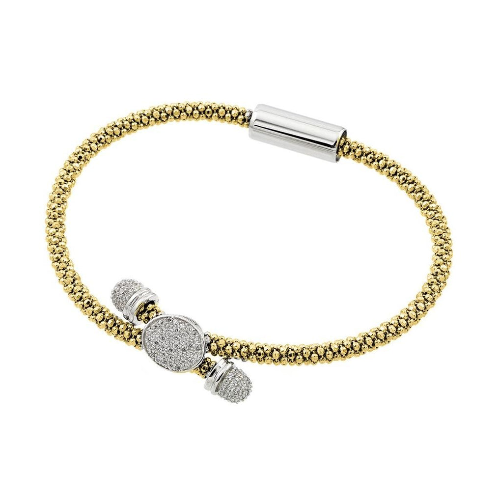 .925 Sterling Silver Rhodium & Gold Plated Circle Micro Pave Clear Cz Beaded Italian Bracelet