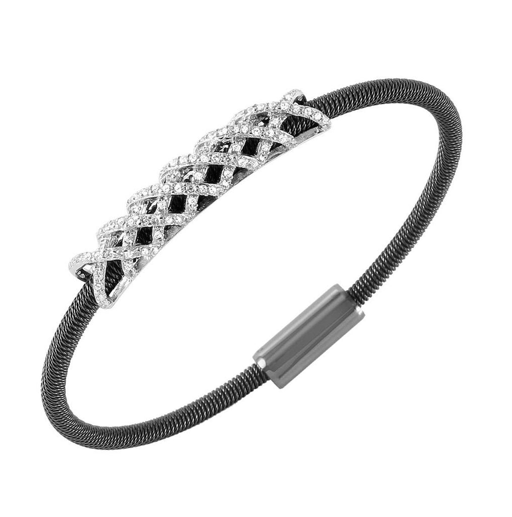 .925 Sterling Silver Rhodium & Black Rhodium Plated Crisscross Micro Pave Clear Cz Italian Bracelet