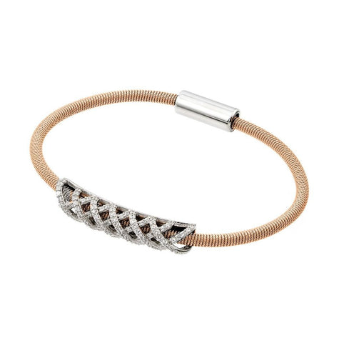 .925 Sterling Silver Rhodium & Rose Gold Plated Crisscross Micro Pave Clear Cz Italian Bracelet