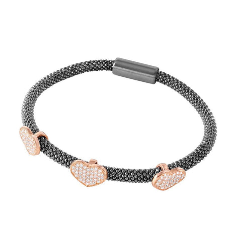 .925 Sterling Silver Rhodium & Black Rhodium Plated Heart Micro Pave Clear Cz Beaded Italian Bracelet