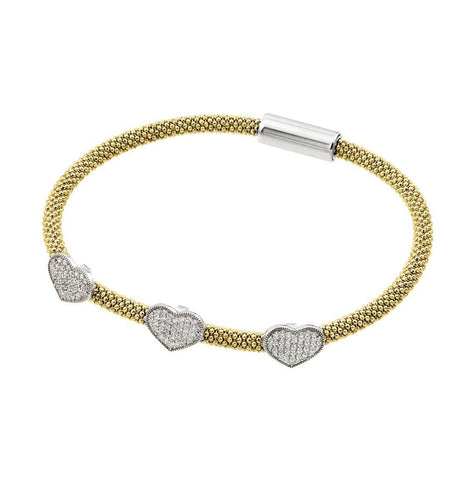 .925 Sterling Silver Rhodium & Gold Plated Heart Micro Pave Clear Cz Beaded Italian Bracelet