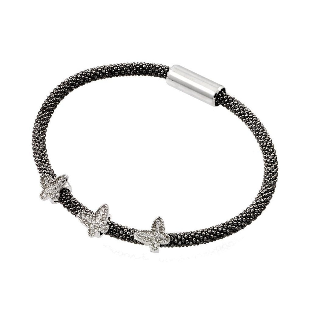 .925 Sterling Silver Rhodium & Black Rhodium Plated Butterfly Micro Pave Clear Cz Beaded Italian Bracelet