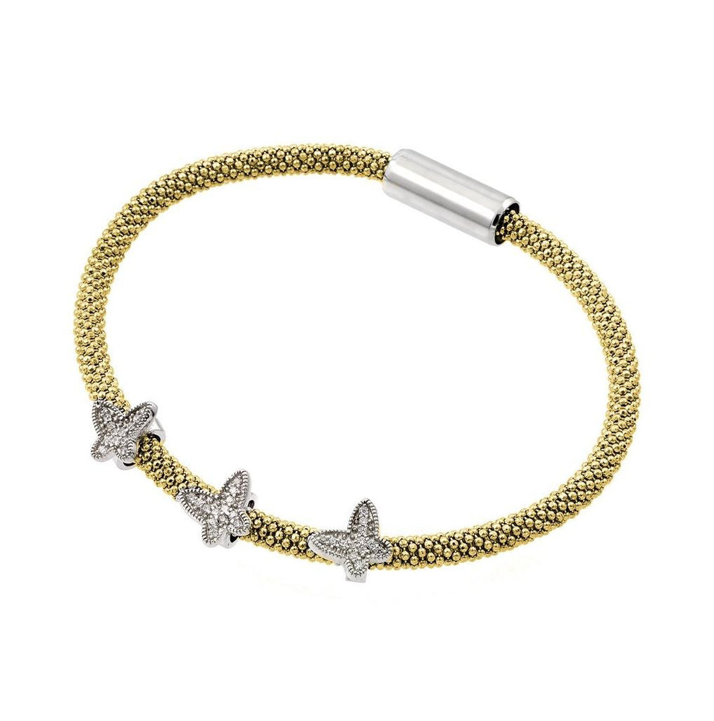 .925 Sterling Silver Rhodium & Gold Plated Butterfly Micro Pave Clear Cz Beaded Italian Bracelet