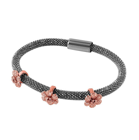 .925 Sterling Silver Black Rhodium & Rose Gold Plated 3 Cz Daises Italian Bracelet