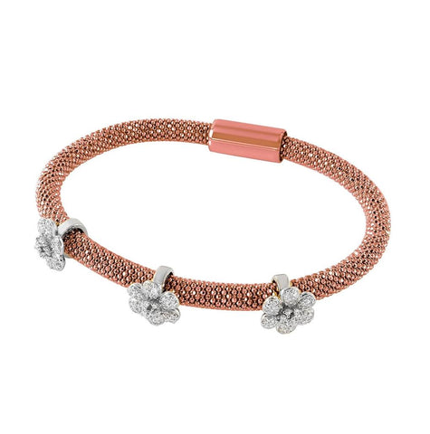 .925 Sterling Silver Rose Gold Plated 3 Cz Daises Italian Bracelet