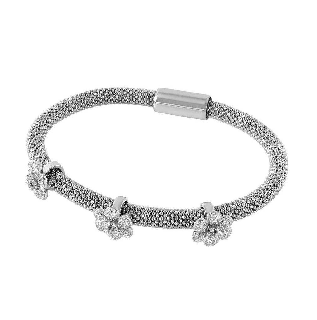 .925 Sterling Silver Rhodium Plated 3 Cz Daises Italian Bracelet