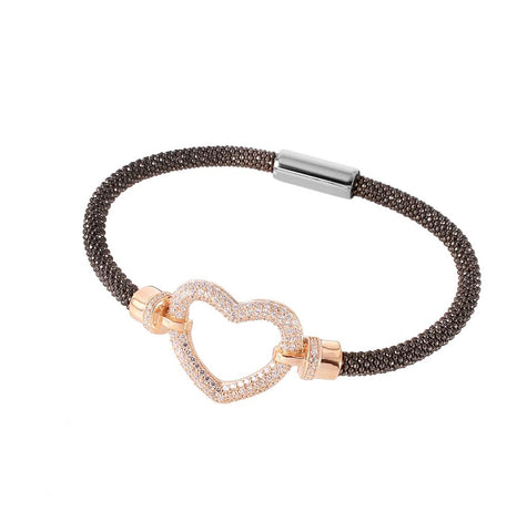 .925 Sterling Silver Black Rhodium & Rose Gold Plated Open Heart  Bracelet