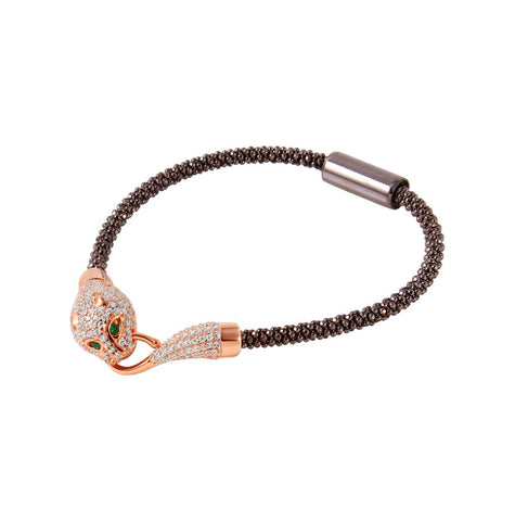 .925 Sterling Silver Black Rhodium Plated Rose Gold Plated Ouroboros With Clear & Green Cz Bracelet