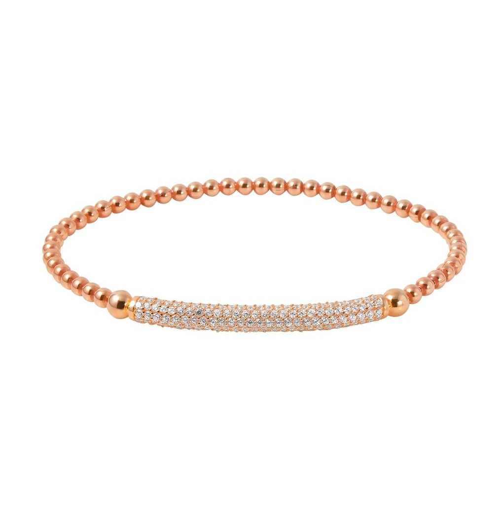 .925 Sterling Silver Rose Gold Plated Cz Bar Beaded Italian Bracelet