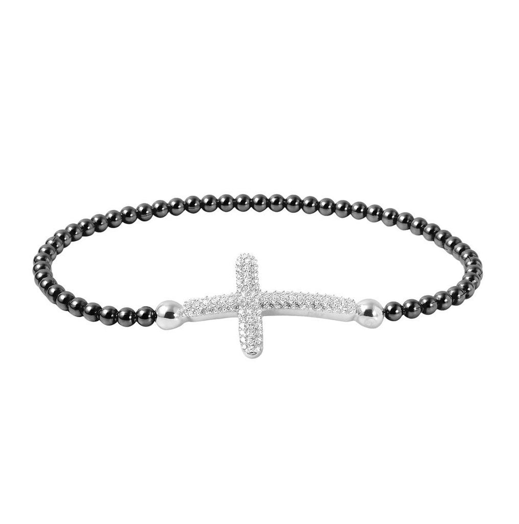 .925 Sterling Silver Black Rhodium Plated Beaded Italian Bracelet With Cz Encrusted Cross