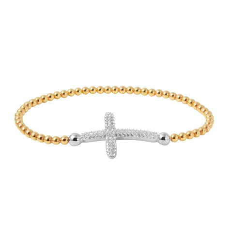 .925 Sterling Silver Gold Plated Beaded Italian Bracelet With Cz Encrusted Cross