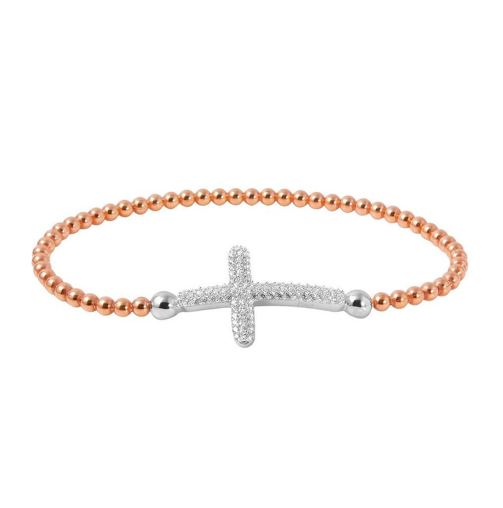 .925 Sterling Silver Rose Gold Plated Beaded Italian Bracelet With Cz Encrusted Cross