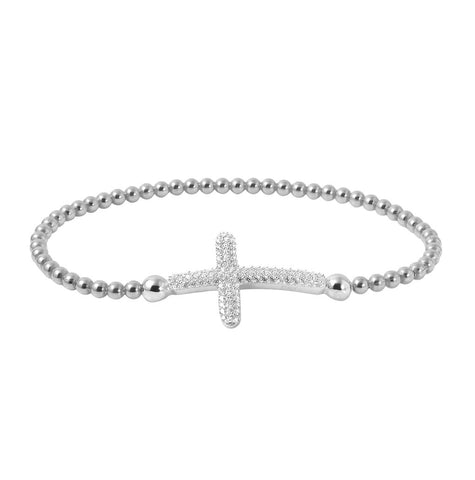 .925 Sterling Silver Rhodium Plated Beaded Italian Bracelet With Cz Encrusted Cross