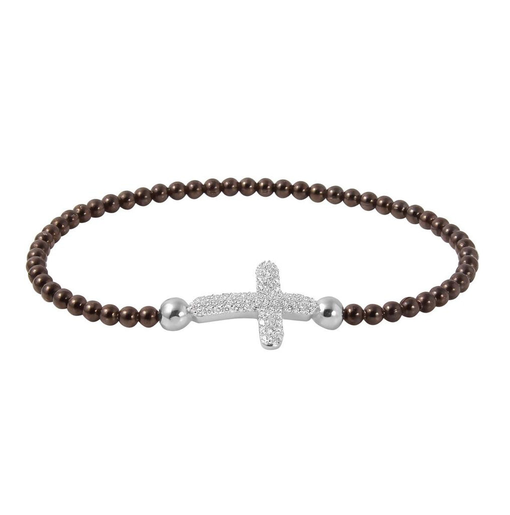 .925 Sterling Silver Black Rhodium Plated Beaded Italian Bracelet With Cz Encrusted Cross