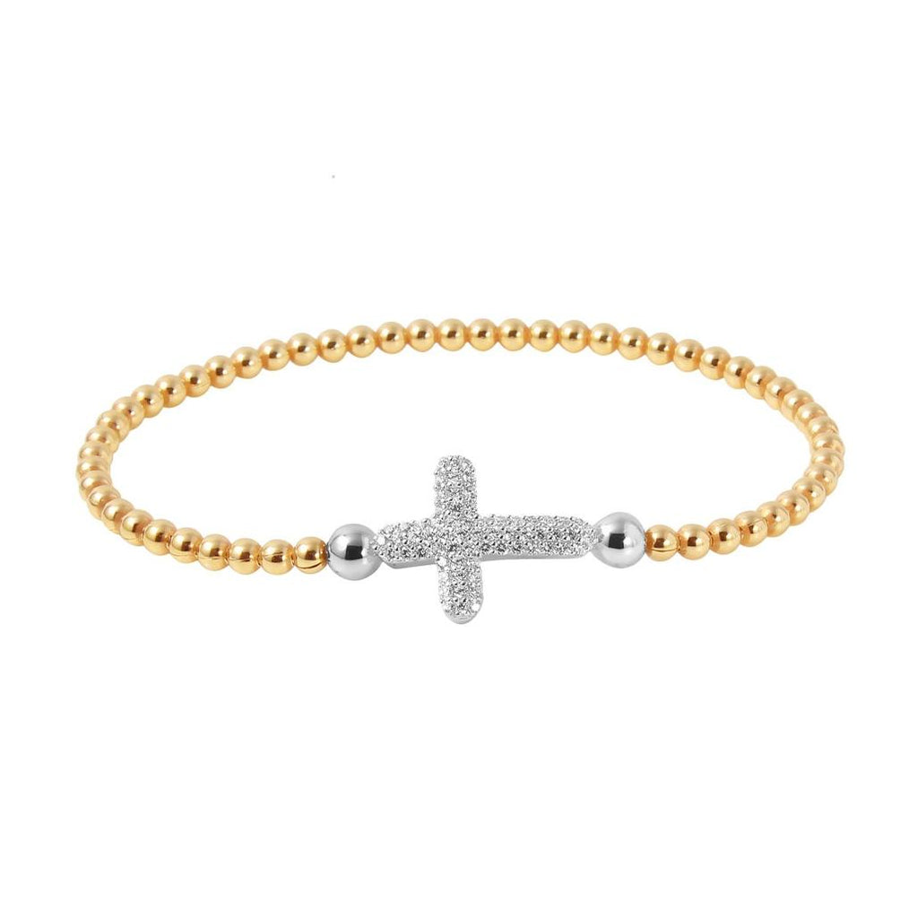 .925 Sterling Silver Gold Plated Beaded Italian Bracelet With Cz Encrusted Cross