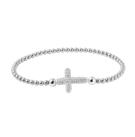 .925 Sterling Silver Rhodium Plated Beaded Italian Bracelet With Cz Encrusted Cross