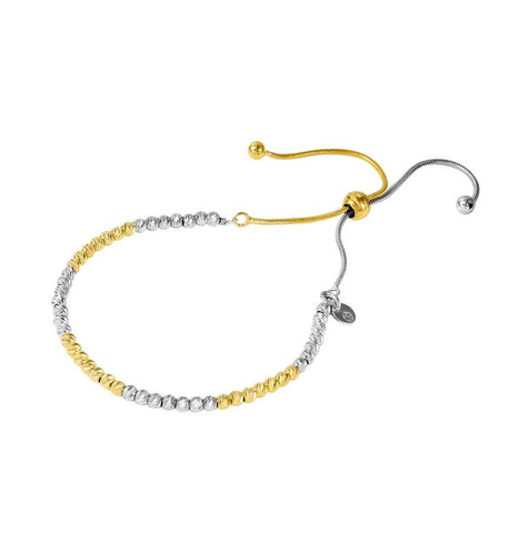 .925 Sterling Silver Two Tone Multi-plated Diamond Cut Beaded Chain Italian Bracelet With Cz Accents