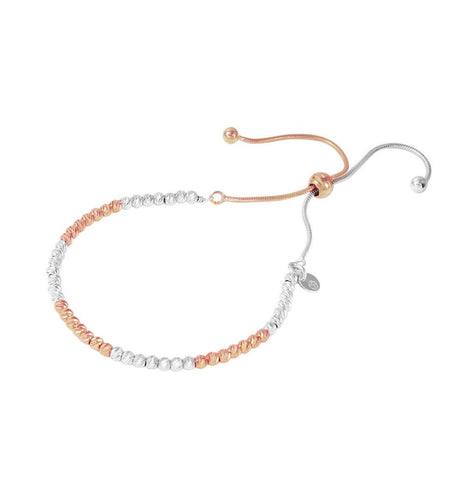 .925 Sterling Silver Two Tone Multi-plated Diamond Cut Beaded Chain Italian Bracelet With Cz Accents